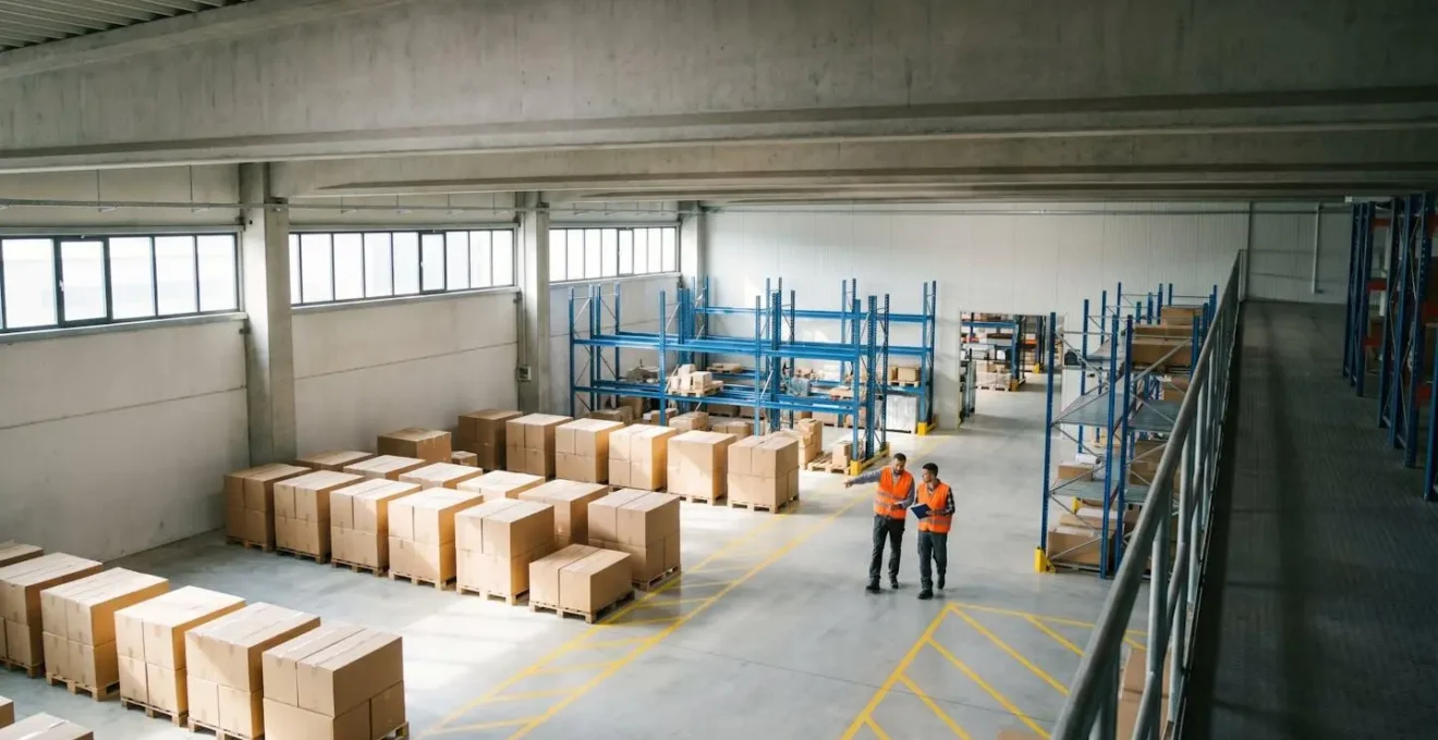 Vue d'ensemble d'un espace logistique organisé avec flux de marchandises optimisés dans une PME industrielle