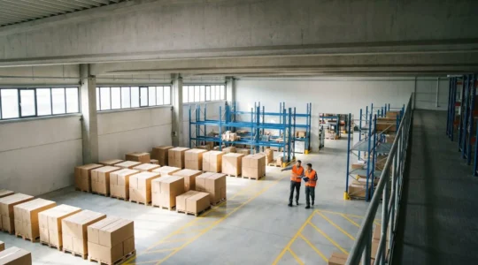 Vue d'ensemble d'un espace logistique organisé avec flux de marchandises optimisés dans une PME industrielle