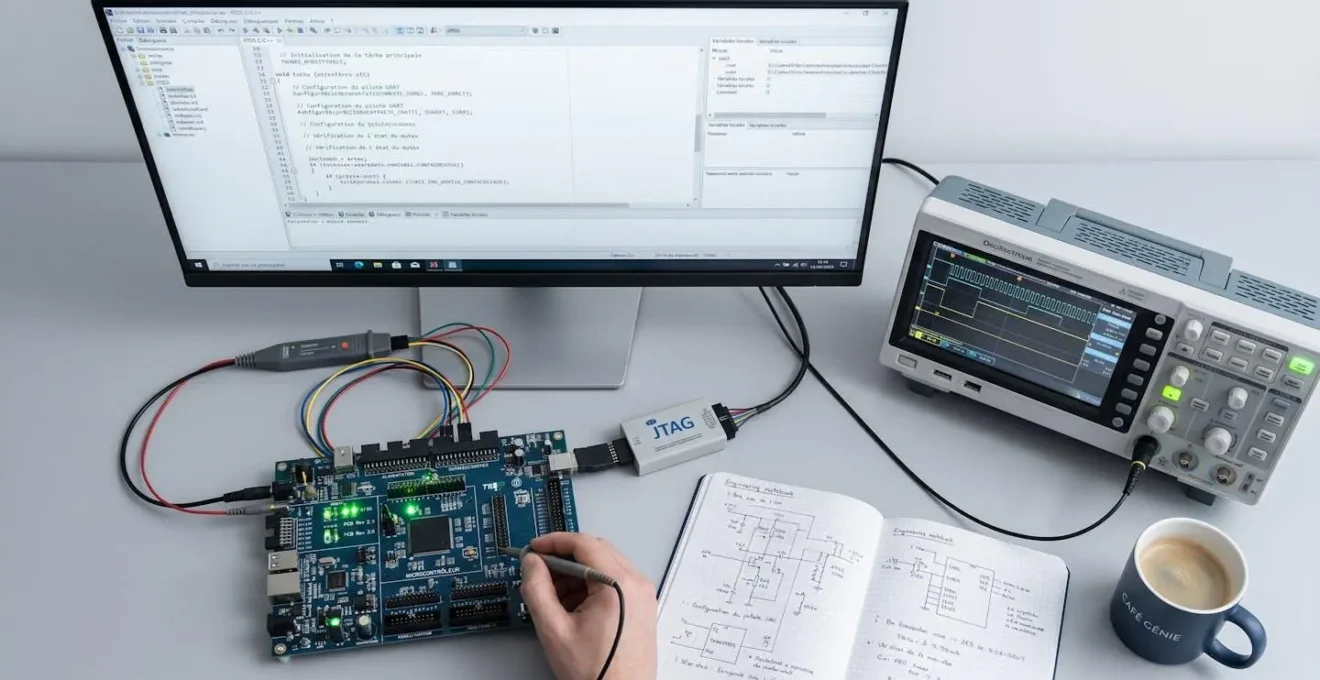 Poste de développement logiciel embarqué avec IDE, carte de développement RTOS connectée via JTAG et oscilloscope affichant signaux temps réel
