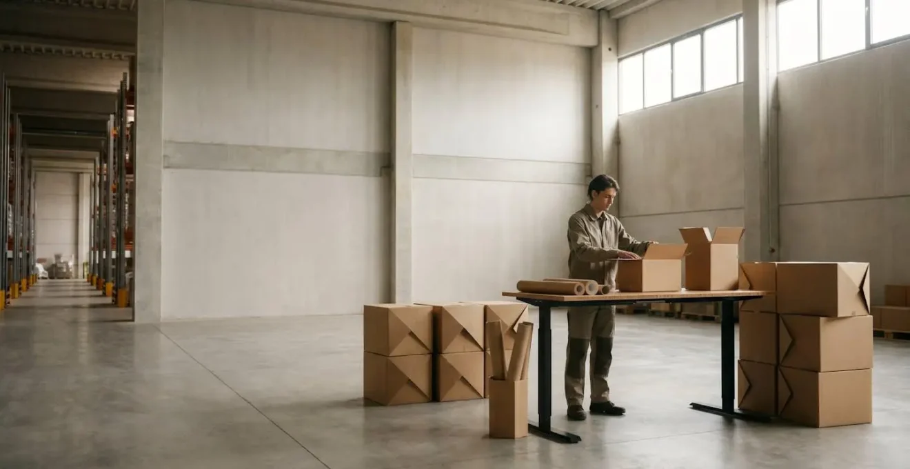 Opérateur travaillant à un poste d'emballage manuel ergonomique dans un entrepôt logistique moderne avec tables ajustables et outils organisés