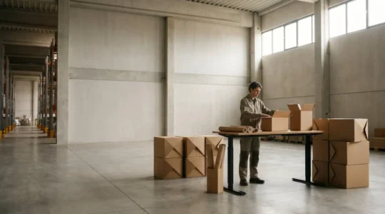 Opérateur travaillant à un poste d'emballage manuel ergonomique dans un entrepôt logistique moderne avec tables ajustables et outils organisés