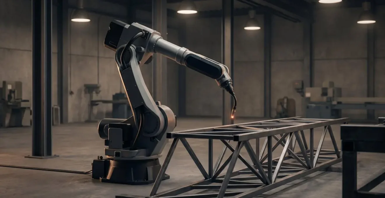 Bras robotique de soudage programmé pour exécuter des trajectoires tridimensionnelles sur une pièce métallique complexe