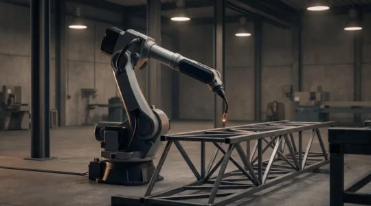 Bras robotique de soudage programmé pour exécuter des trajectoires tridimensionnelles sur une pièce métallique complexe