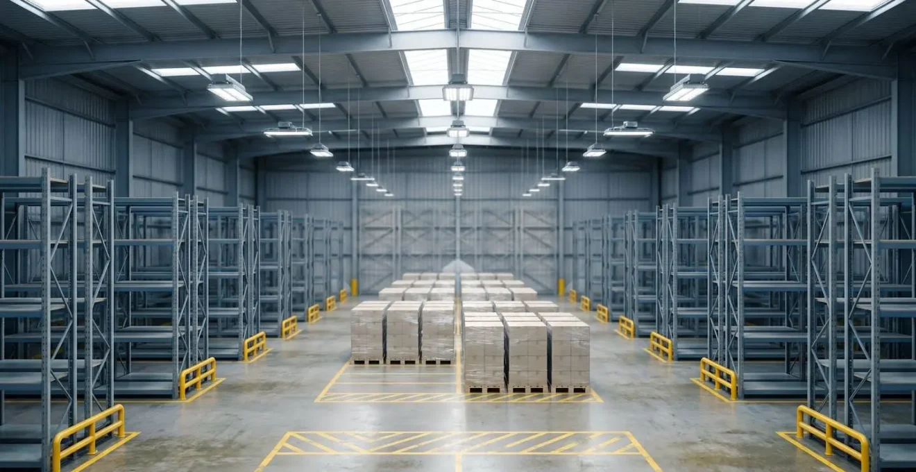 Système de sécurité moderne dans un entrepôt industriel avec rayonnages protégés et surveillance intégrée