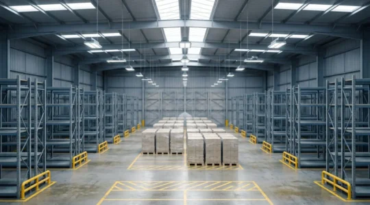 Système de sécurité moderne dans un entrepôt industriel avec rayonnages protégés et surveillance intégrée