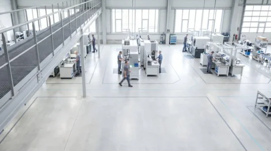 Environnement industriel moderne optimisé montrant flux de production rationalisé et efficace