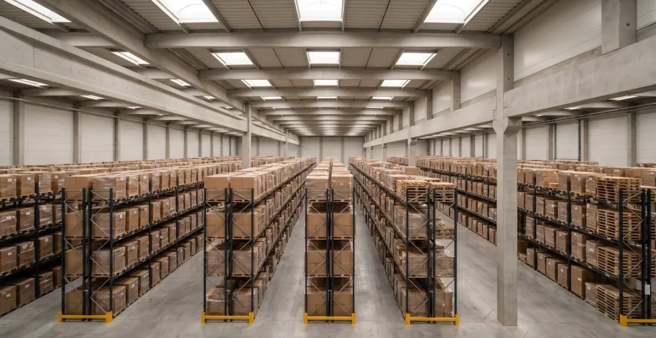 Vue aérienne d'un entrepôt logistique moderne avec rayonnages à haute densité et allées optimisées