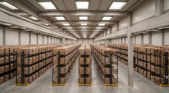 Vue aérienne d'un entrepôt logistique moderne avec rayonnages à haute densité et allées optimisées