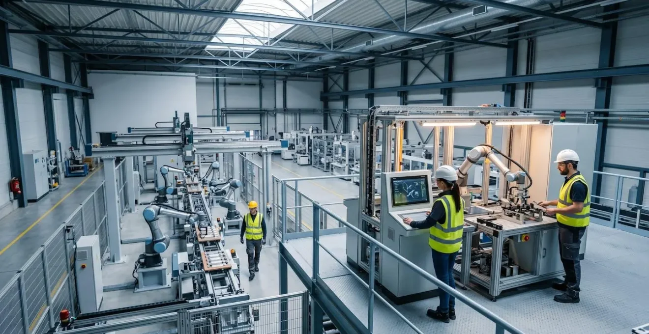 Vue d'ensemble d'une usine automatisée moderne montrant la collaboration entre opérateurs humains et systèmes robotisés