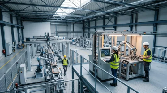 Vue d'ensemble d'une usine automatisée moderne montrant la collaboration entre opérateurs humains et systèmes robotisés