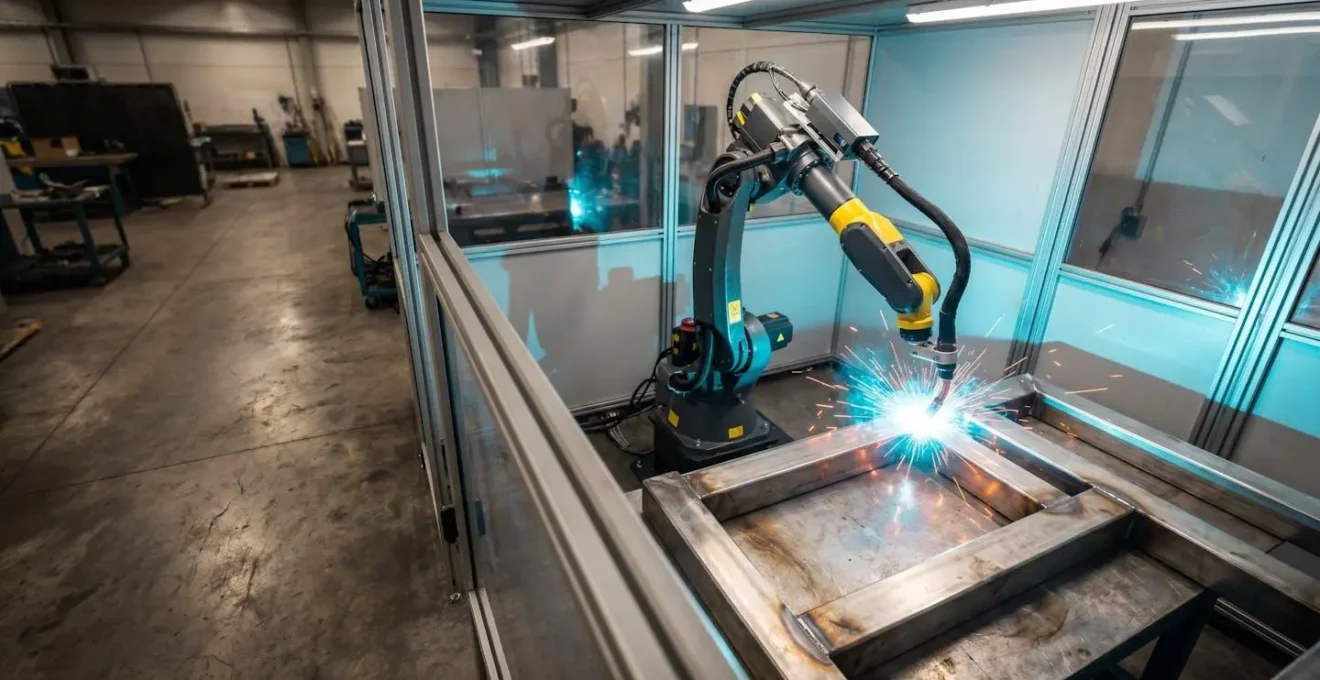 Robot de soudage industriel automatisé effectuant une soudure de précision sur une pièce métallique