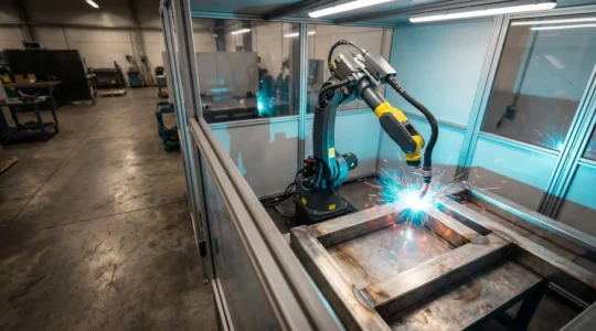 Robot de soudage industriel automatisé effectuant une soudure de précision sur une pièce métallique