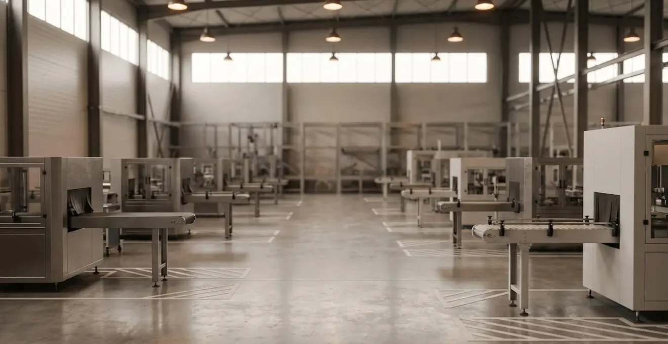 Vue grand angle d'un environnement de production industrielle moderne avec équipements de fabrication
