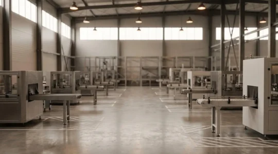 Vue grand angle d'un environnement de production industrielle moderne avec équipements de fabrication