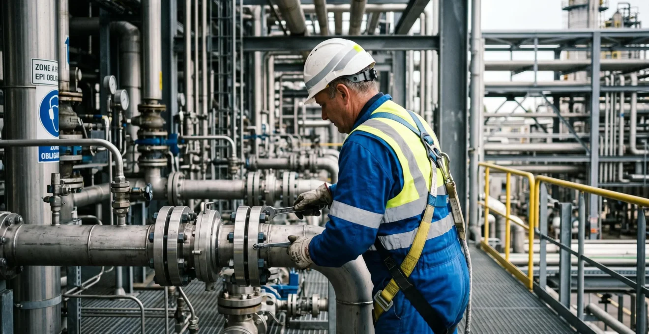Technicien en équipement de sécurité industrielle effectuant une opération de maintenance sur bride et tuyauterie dans installation pétrochimique
