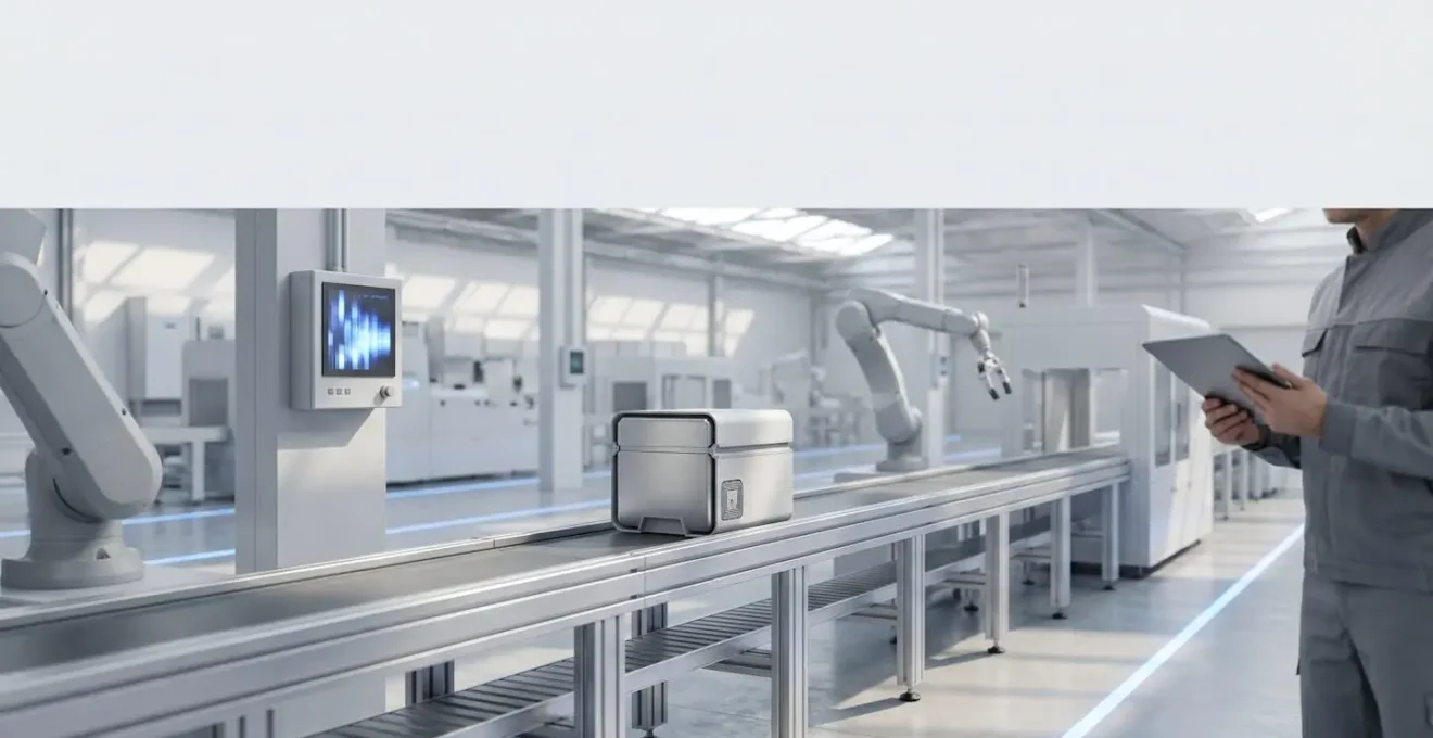 Vue d'ensemble d'une ligne de production industrielle moderne avec flux matières et contrôle numérique en temps réel