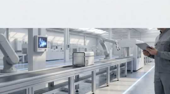 Vue d'ensemble d'une ligne de production industrielle moderne avec flux matières et contrôle numérique en temps réel