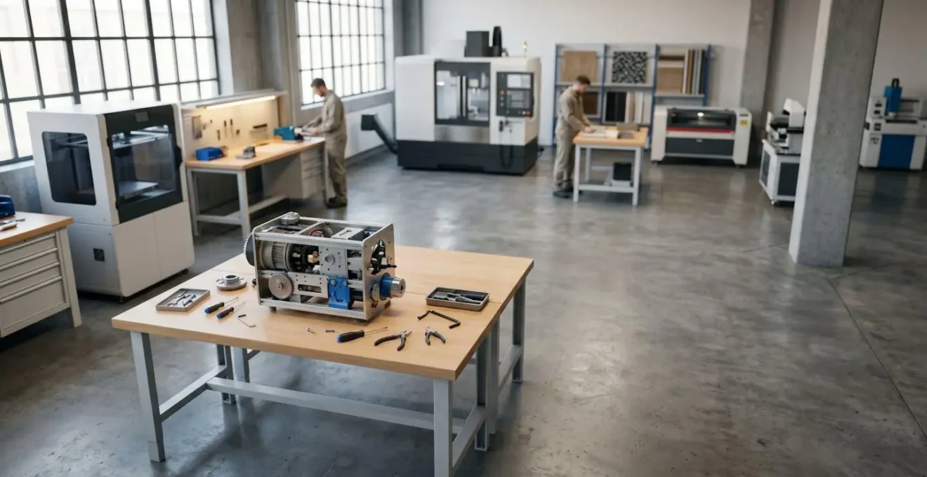 Vue d'ensemble d'un atelier de prototypage industriel moderne avec équipements de fabrication additive et espaces de conception