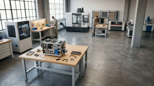 Vue d'ensemble d'un atelier de prototypage industriel moderne avec équipements de fabrication additive et espaces de conception