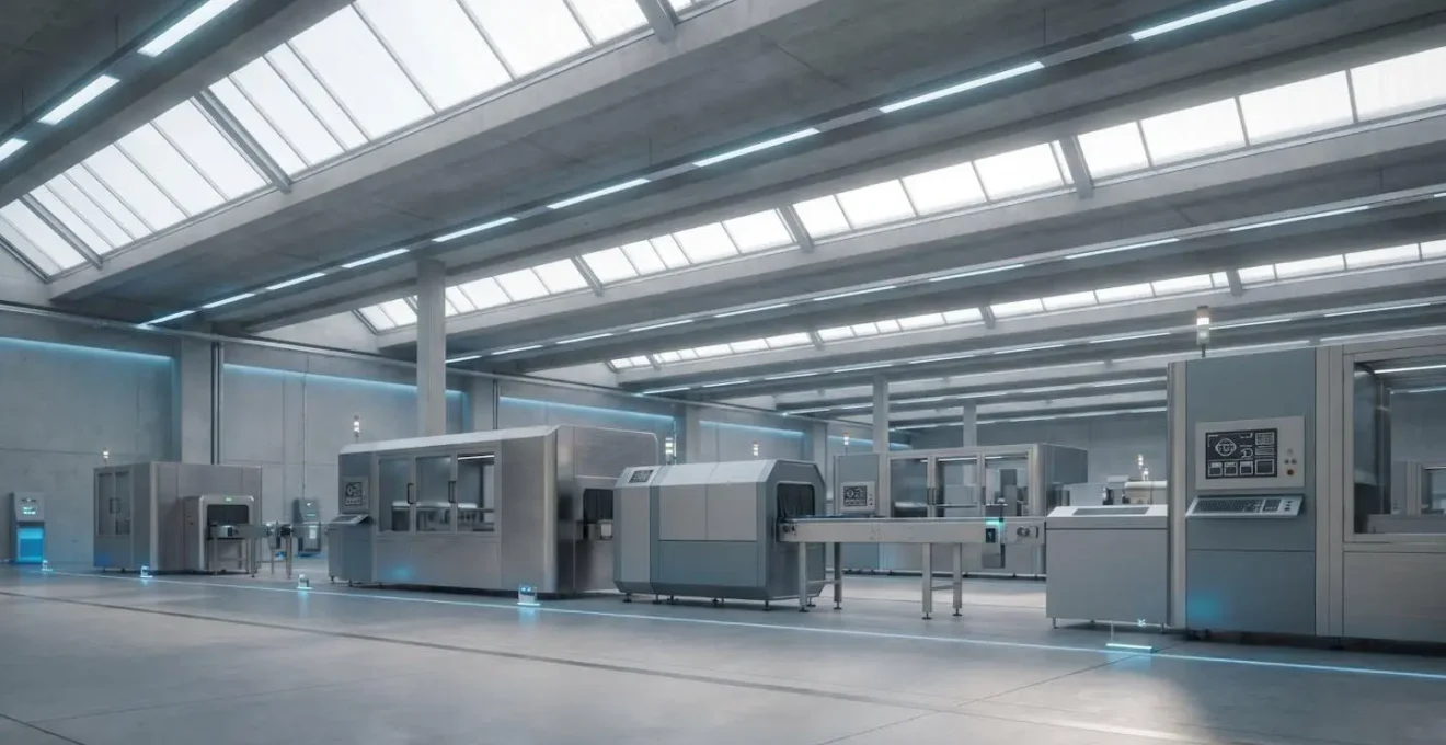 Vue d'ensemble d'une usine intelligente moderne avec équipements de production connectés et flux de données numériques