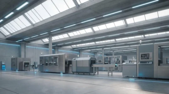 Vue d'ensemble d'une usine intelligente moderne avec équipements de production connectés et flux de données numériques