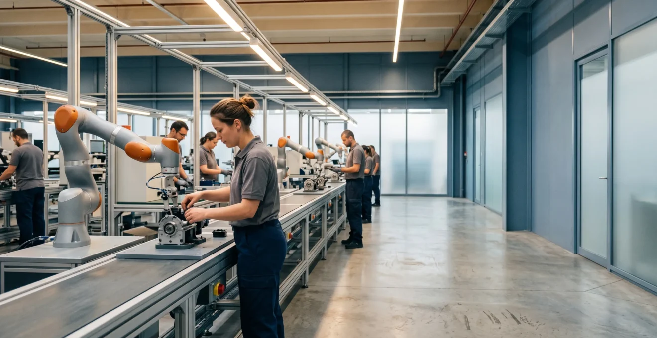 Vue d'ensemble d'une ligne de production française moderne où opérateurs humains et robots collaboratifs travaillent ensemble