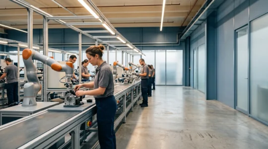 Vue d'ensemble d'une ligne de production française moderne où opérateurs humains et robots collaboratifs travaillent ensemble