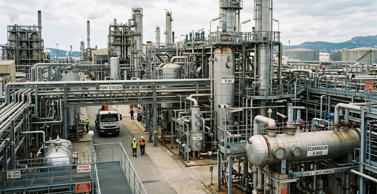 Vue d'ensemble d'une installation pétrochimique française avec équipements sous pression, tuyauteries à brides et structures métalliques industrielles