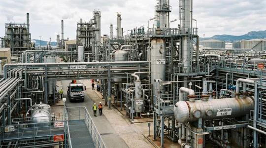 Vue d'ensemble d'une installation pétrochimique française avec équipements sous pression, tuyauteries à brides et structures métalliques industrielles