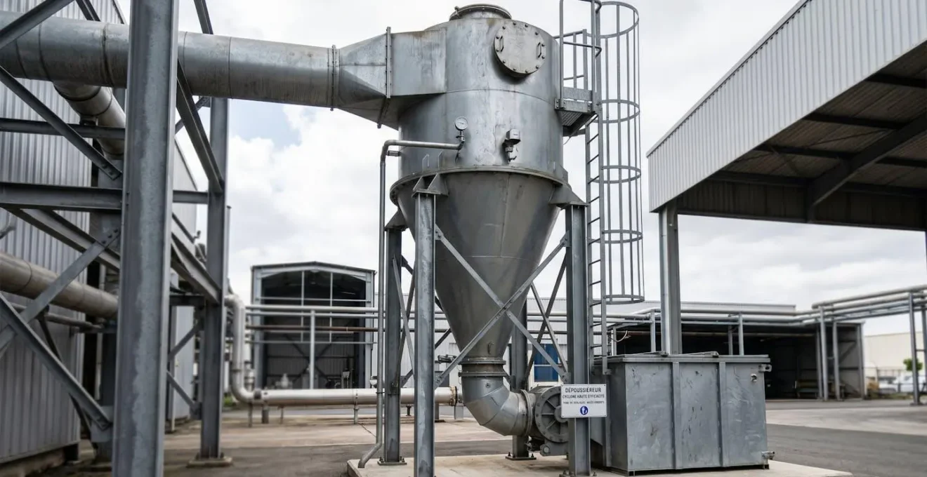 Cyclone de dépoussiérage industriel en structure métallique conique installé sur site industriel français, conduits et bac de récupération visibles