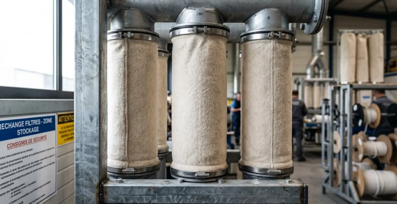 Gros plan sur manches filtrantes neuves en textile technique montées sur cadre métallique dans un atelier professionnel, texture du média filtrant visible