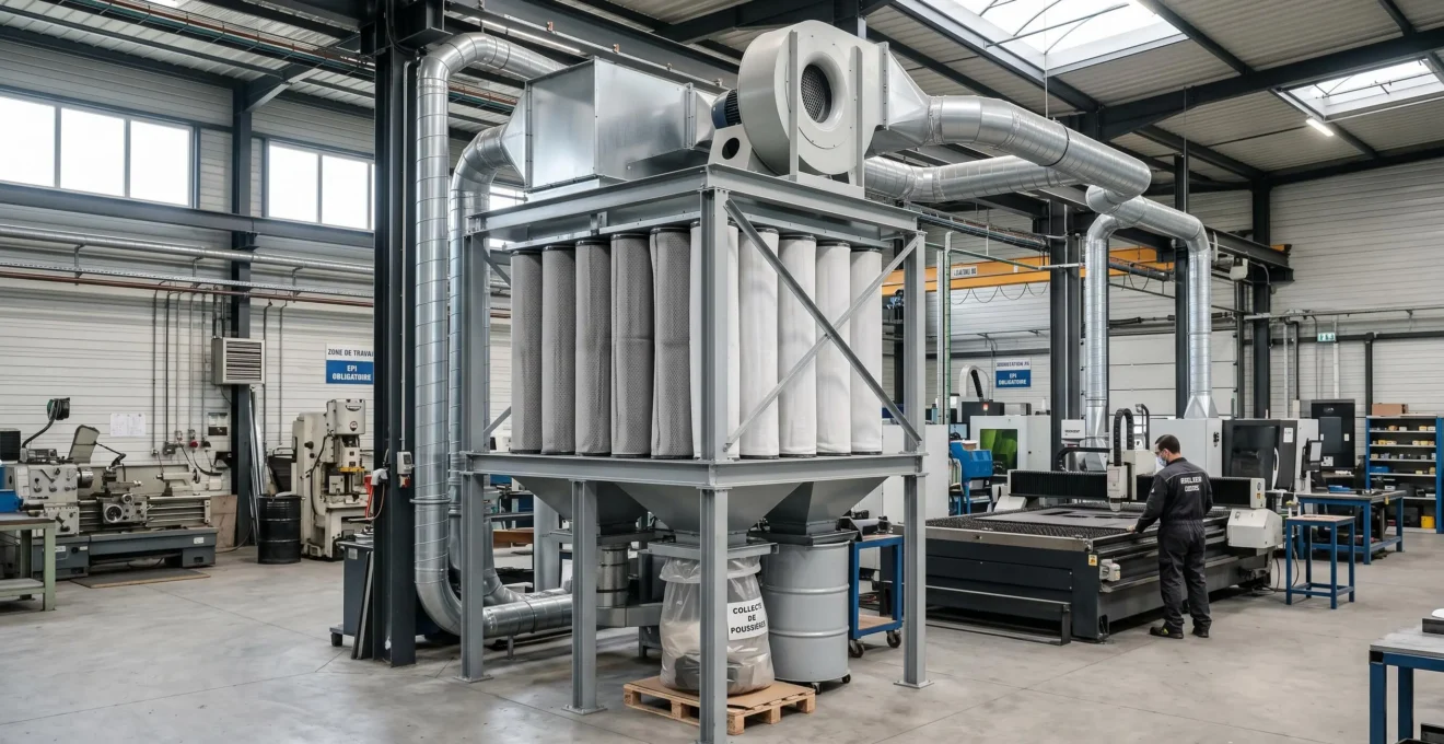 Installation de dépoussiérage industriel avec manches filtrantes verticales dans un atelier de production français contemporain, système intégré à l'environnement de travail réel
