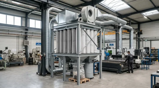 Installation de dépoussiérage industriel avec manches filtrantes verticales dans un atelier de production français contemporain, système intégré à l'environnement de travail réel