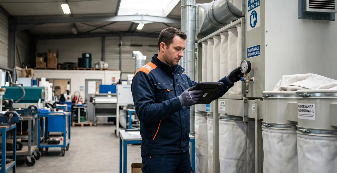 Technicien en tenue de travail inspectant un système de filtration industriel avec tablette numérique dans un atelier français, regard concentré sur l'équipement contrôlé